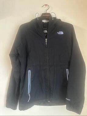 The North Face Black Hooded Performance rain coat Jacket with Light Blue Accents